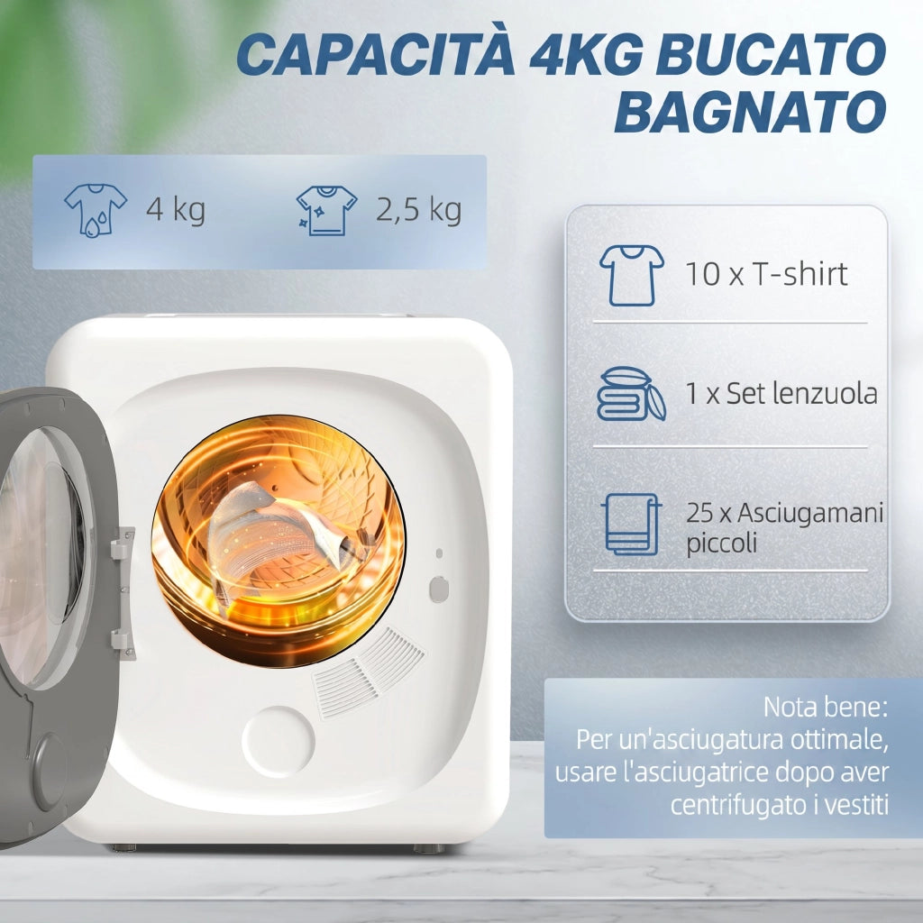 Mini Asciugatrice Portatile 48x43x57 cm Capienza 4 kg 5 Programmi 800W Fino 60℃ Timer Tamburo in Acciaio Inox Bianco
