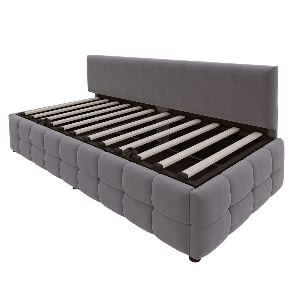 Letto imbottito 90x200 cm con contenitore idraulico, testiera senza braccioli, velluto grigio
