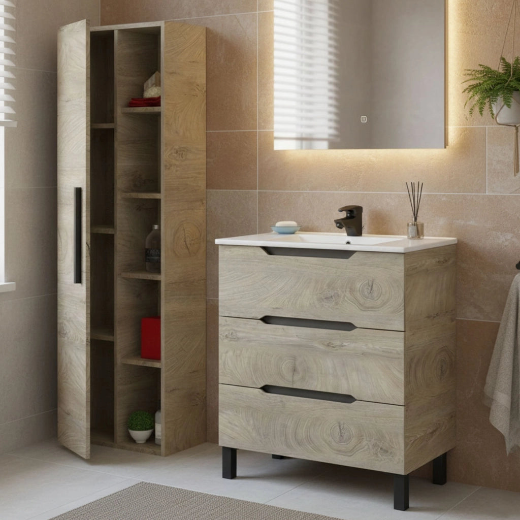 Laterza, set Mobili Bagno 3 Cassetti, Marrone Quercia