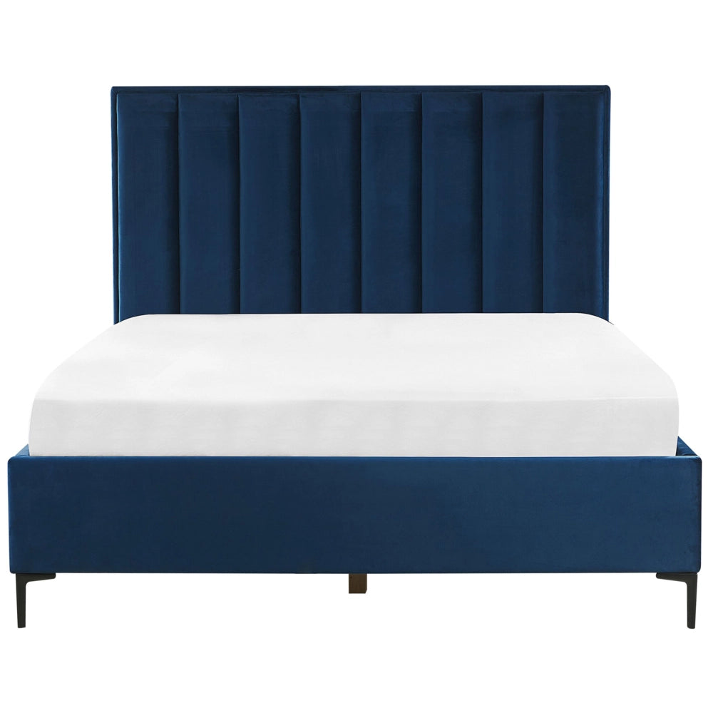Letto in velluto blu navy matrimoniale 140 x 200 cm con poggiatesta imbottita contenitore ottomana gambe in metallo Nero