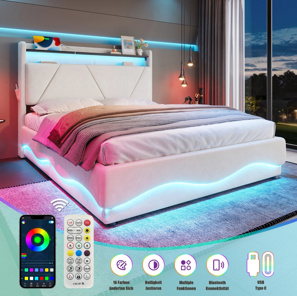 Letto imbottito 140x200 cm beige con LED, USB-C e contenitore