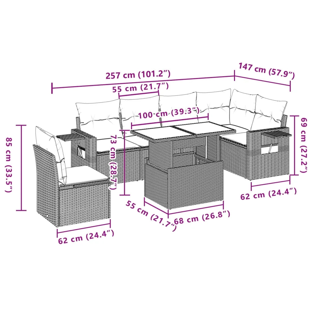 Set Divani da Giardino 7 pz con Cuscini Grigio in Polyrattan