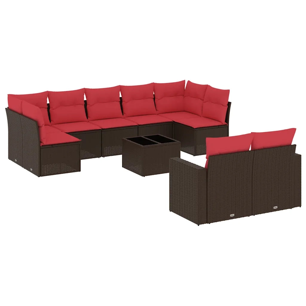 Set Divani da Giardino 10pz con Cuscini in Polyrattan Marrone