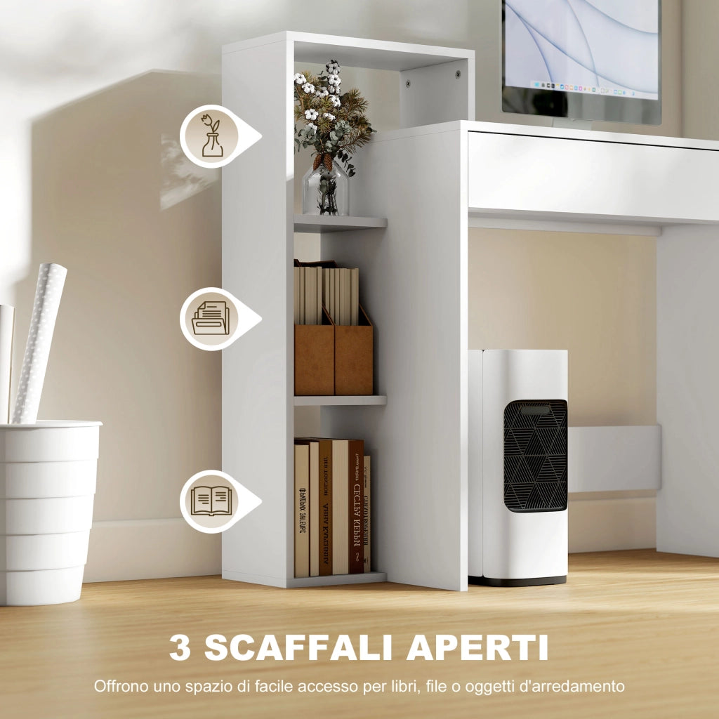 Scrivania PC Moderna con 3 Ripiani Aperti e Cassetto, in Legno Bianco, 100x40x90 cm