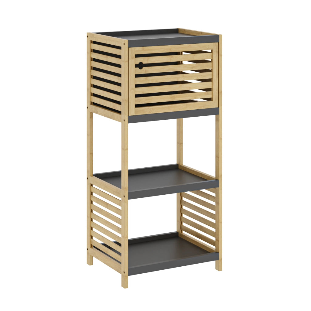 Scaffale da Bagno Kydesby in Bambù con 2 Ripiani Aperti e Scomparto ad Anta 83 x 39 x 30 cm - Naturale / Grigio [en.casa]
