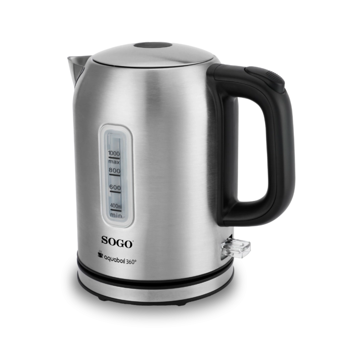 Bollitore elettrico 1L 2200W in acciaio inox, base girevole 360° con autospegnimento e resistenza nascosta - Sogo