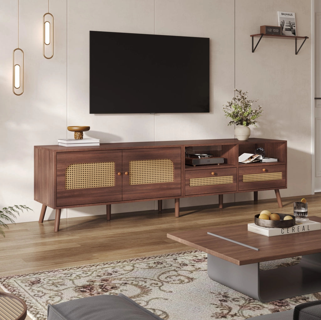 Mobile TV marrone con rattan, 2 ante e 2 cassetti, 200 cm