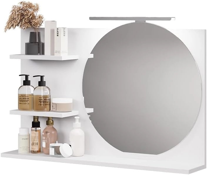 Specchio con mensola Avena, Bianco, 80 x 50 cm con 3 scomparti aperti, per montaggio a parete con illuminazione LED integrata