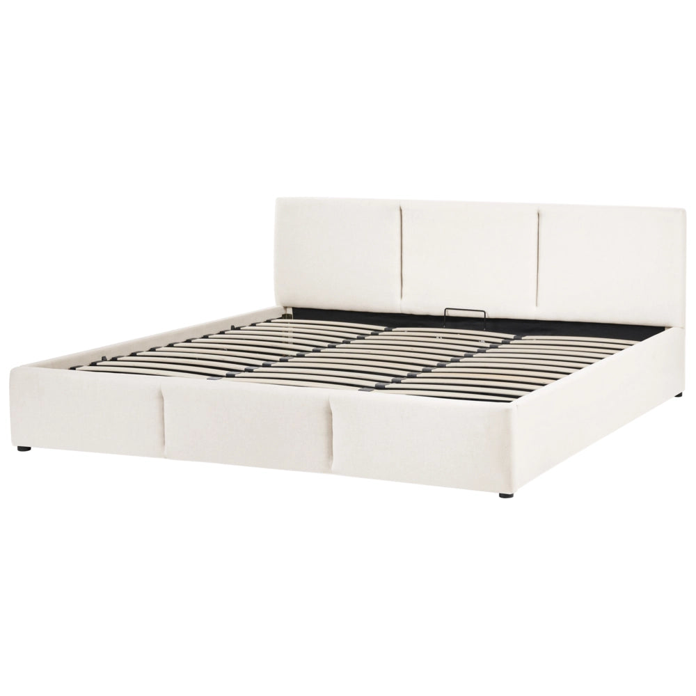 Letto rivestito in tessuto bianco sporco 180 x 200 cm, testiera trapuntata con vano portaoggetti