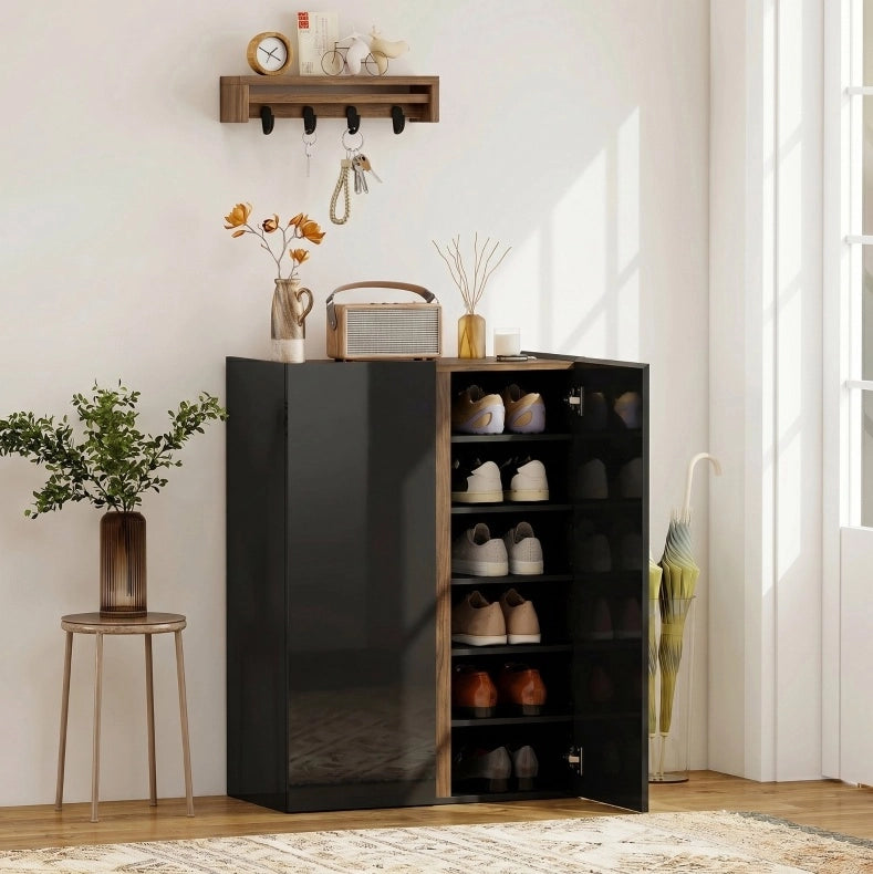 Mobile portascarpe a 6 livelli con ante soft-close senza maniglie; nero