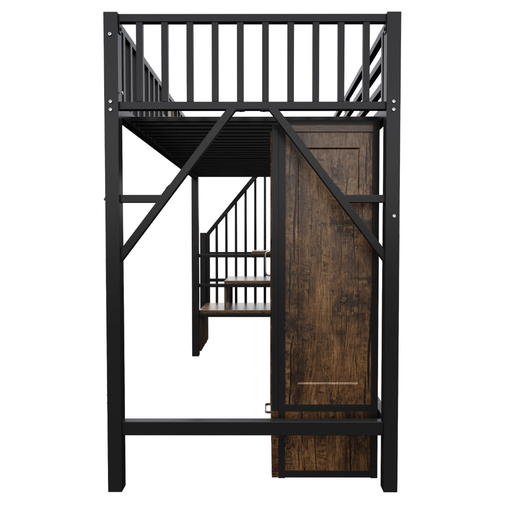 Letto a soppalco 90x200 cm in metallo e legno; nero; con armadio; cassetto e scala contenitore