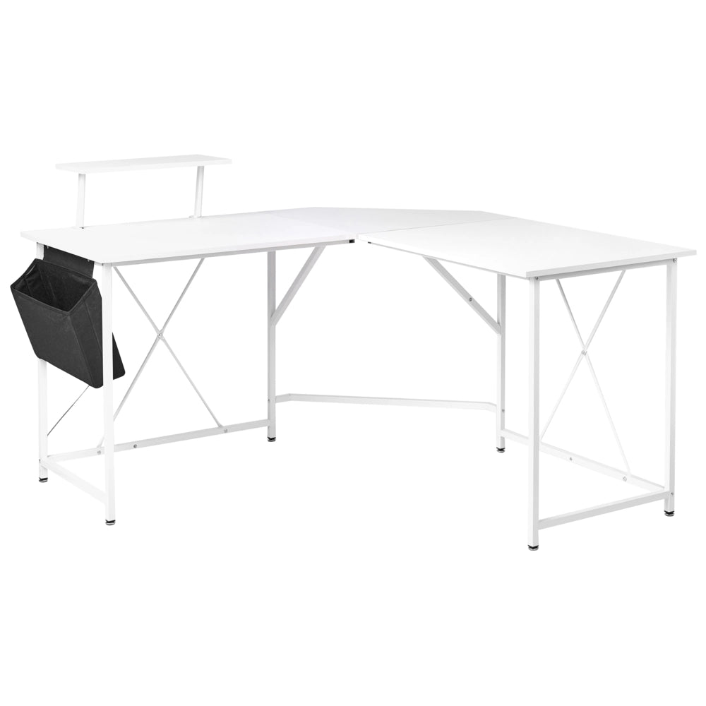 Scrivania angolare Piano in MDF bianco Gambe e struttura in ferro verniciato a polvere Tasca laterale aggiuntiva Ampia postazione di lavoro Moderna