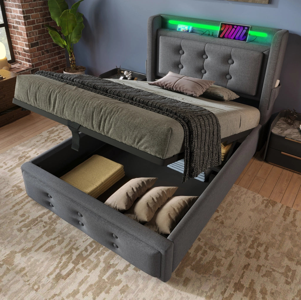 Letto imbottito 90x200 cm grigio con materasso, LED, prese USB-C e vano contenitore
