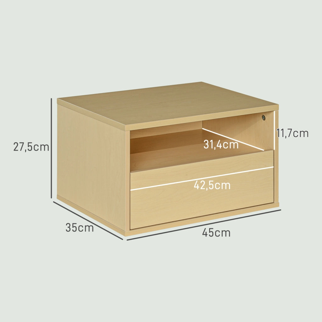 Comodino sospeso con cassetto e ripiano aperto per camera da letto e soggiorno in legno naturale 45 × 35 × 27,5 cm