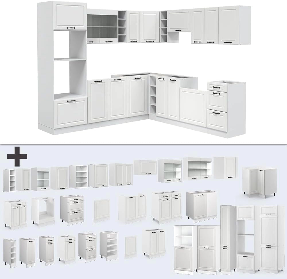 Cucina angolare completa R-Line, Bianco casa di campagna, 247 x 46 cm senza piano di lavoro, per disposizione flessibile ed espansione modulare