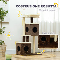 Albero Tiragraffi per Gatti 55x48x107 cm 2 Casette Lettino e Pallina in Tessuto Peluche Marrone e Beige