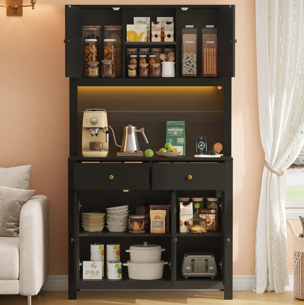 Credenza cucina alta 100x40x180 cm in MDF nero con ante in rattan; LED RGB e prese integrate