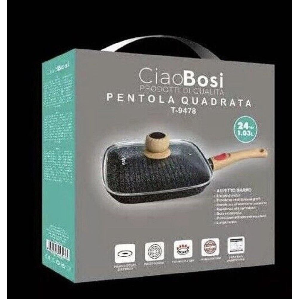 Trade Shop - Padella Pentola Quadrata Con Manico Coperchio Vetro 24cm 1.03lt Antiaderente T-9478 -