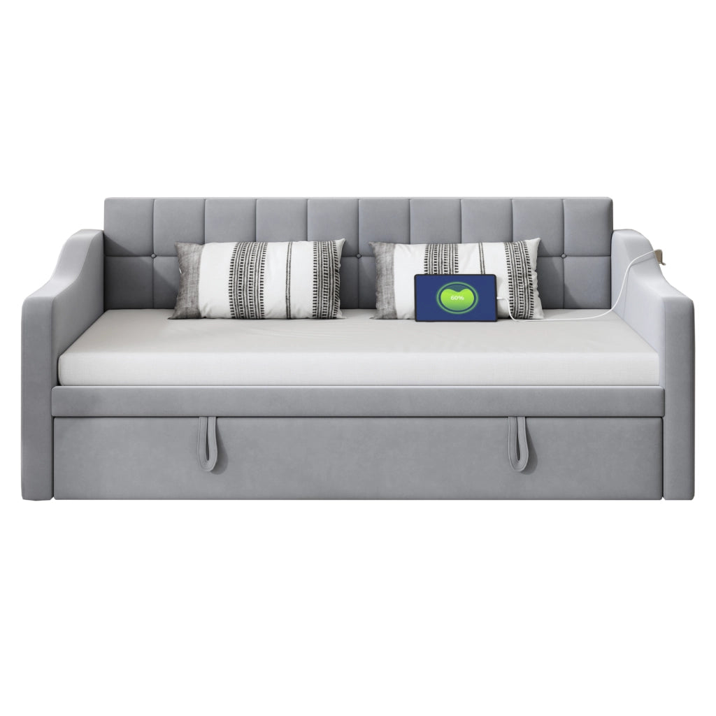 OKWISH Letto Estraibile 90×190 cm, Letto Singolo con 2 Porte USB, Presa e Tasca Portaoggetti, senza Materasso, Velluto, Grigio Chiaro