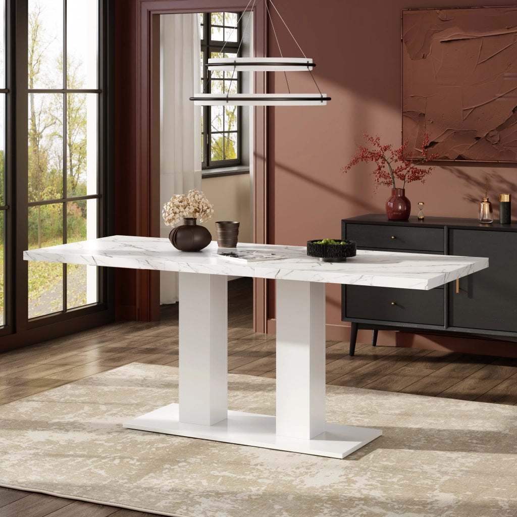 Tavolo allungabile, 140/180 × 70 cm, per 6-8 persone, effetto marmo, bianco