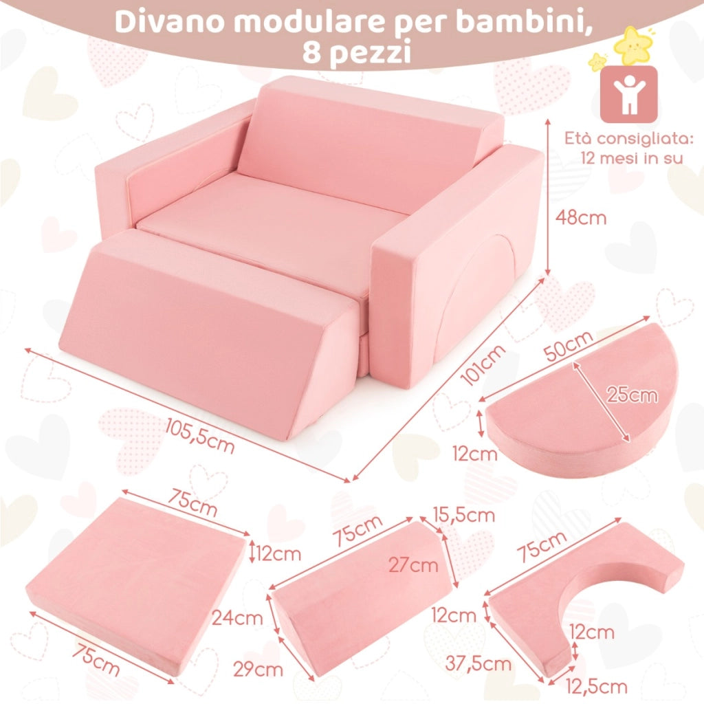 Divano modulare per bambini 8 pezzi, Divanetto creativo per bambini con copertura staccabile per sala giochi Rosa-Divani per bimbi