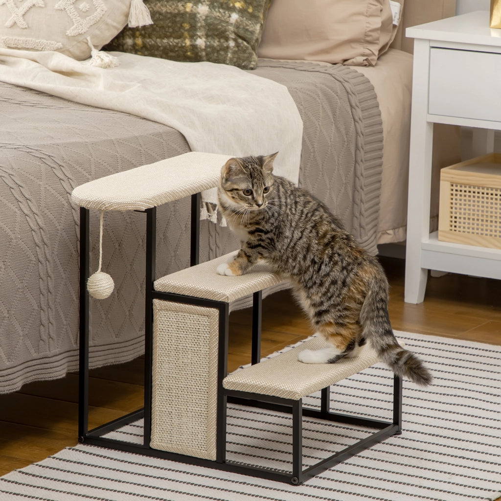 Scala per Gatti con 3 Gradini Palla Pendente Graffiatoio e Struttura in Acciaio ¨C zephmum ¨C 47x45x47 cm Crema e Nero