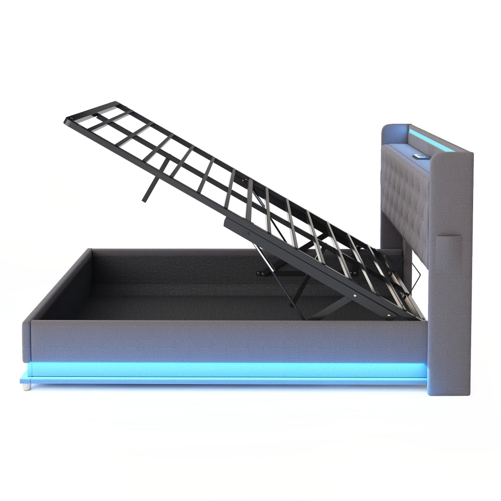 Letti contenitori 140x200 cm; luci LED multicolore e USB; tessuto grigio