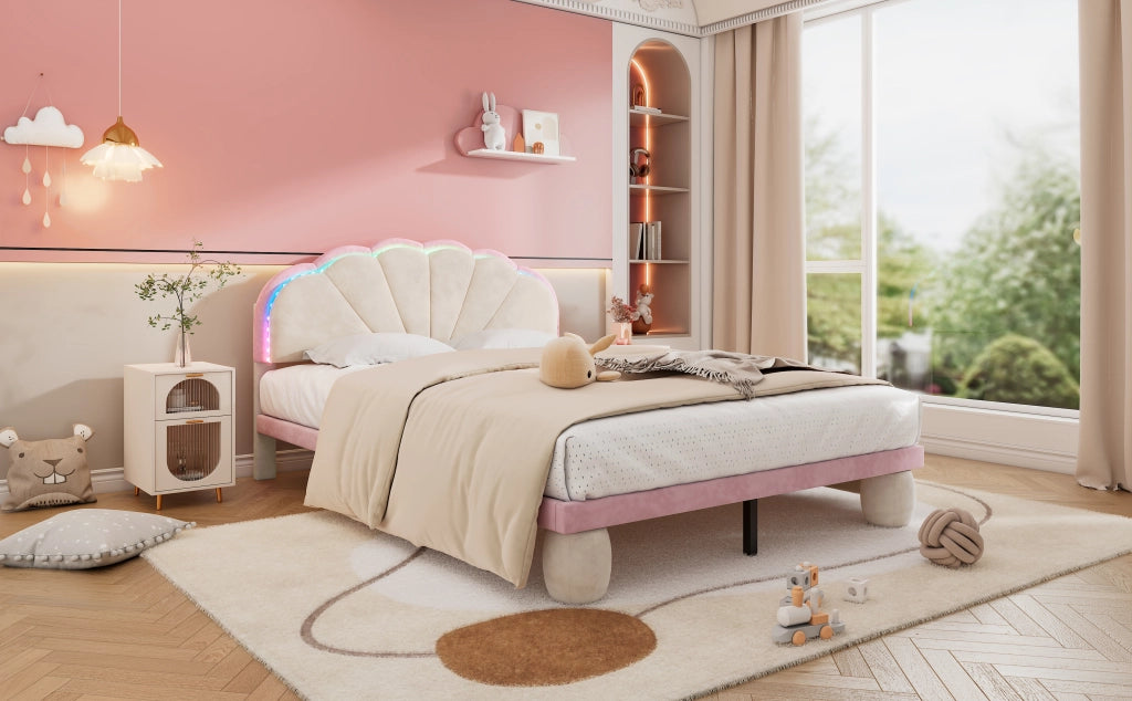 DESMIU Letto per Bambini Matrimoniale 140 × 200 cm con LED Multicolore e Testiera Imbottita, senza Materasso