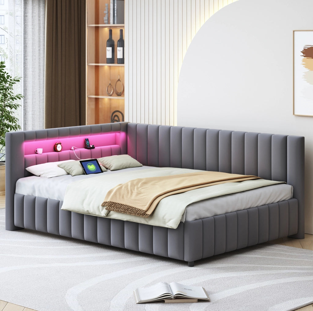Divano letto 140x200 cm; design a L con LED e USB; velluto grigio (Senza materasso)