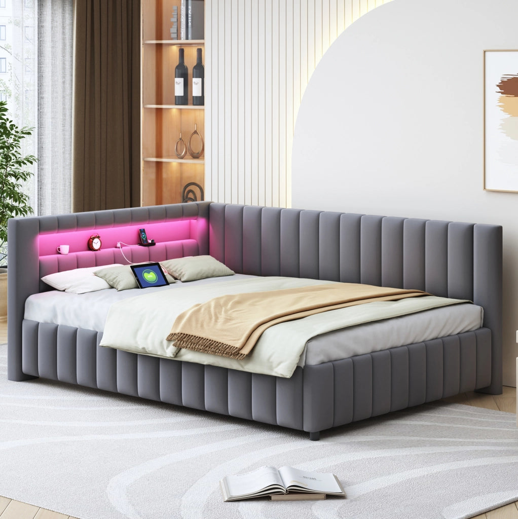 Divano letto 140x200 cm; design a L con LED e USB; velluto grigio (Senza materasso)