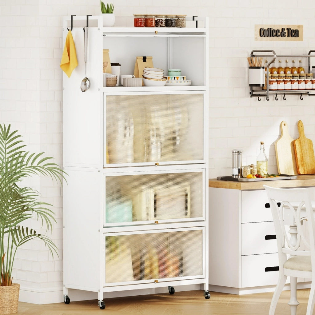 Armadio da cucina a 5 ripiani con 4 ante a ribalta e piedini regolabili, Carrello porta microonde per sala da pranzo Bianco-Credenze buffet