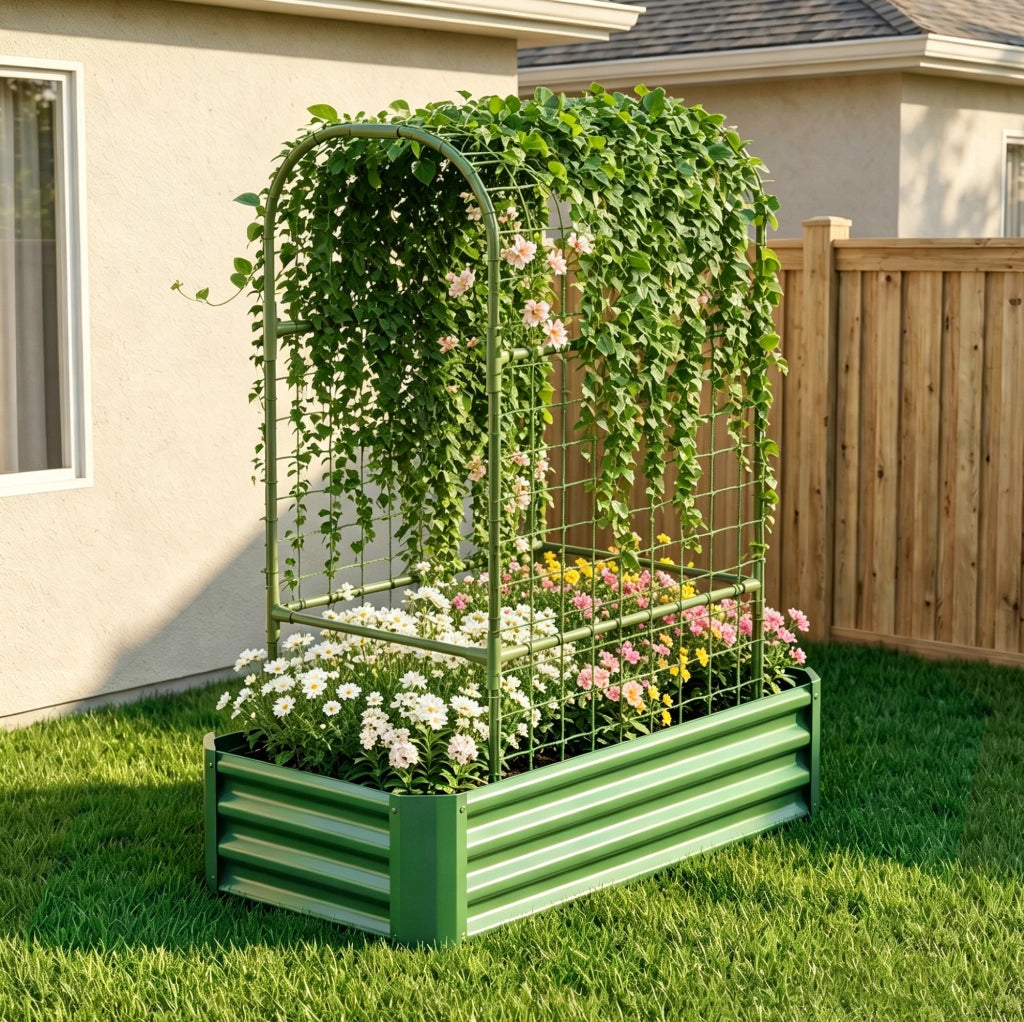 Fioriera rialzata con griglia 120x60x150 cm in metallo verde per terrazza