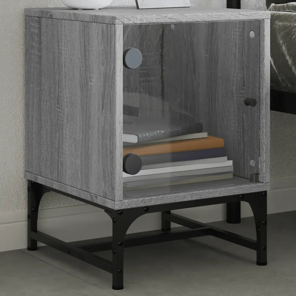 Comodini con Ante in Vetro 2pz-Set di 2 Tavolino da notte Grigio Sonoma 35x37x50 cm