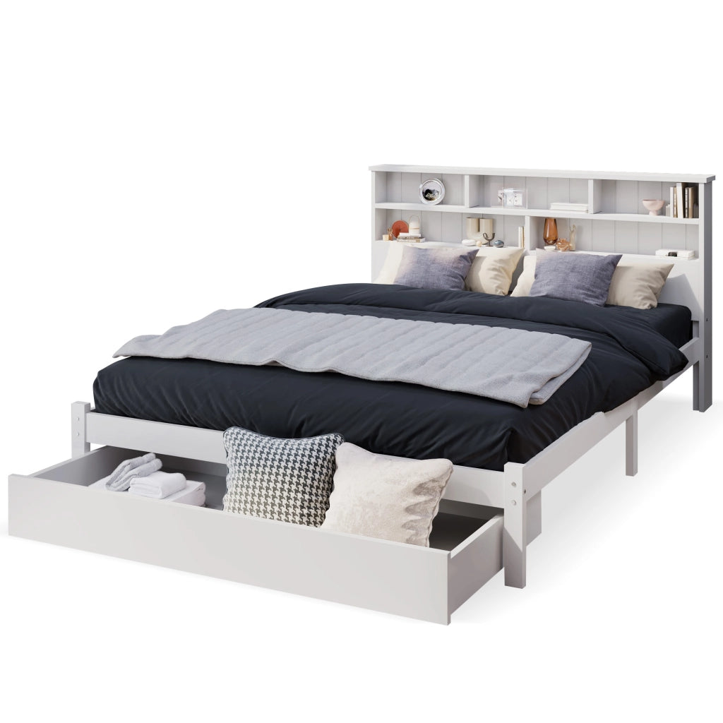 Letto matrimoniale 140x200 cm in legno bianco con testiera libreria e 2 cassetti