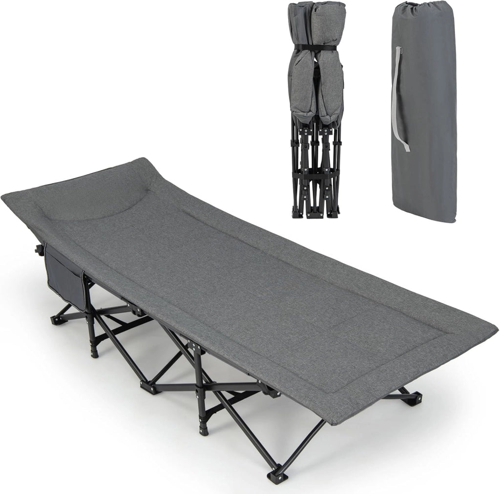 SOARS Lettino pieghevole da campeggio con cuscino integrato, letto pieghevole con tasca laterale e borsa per il trasporto, portata fino a 200 kg, per interni, esterni, 190 x 69 x 48,5 cm