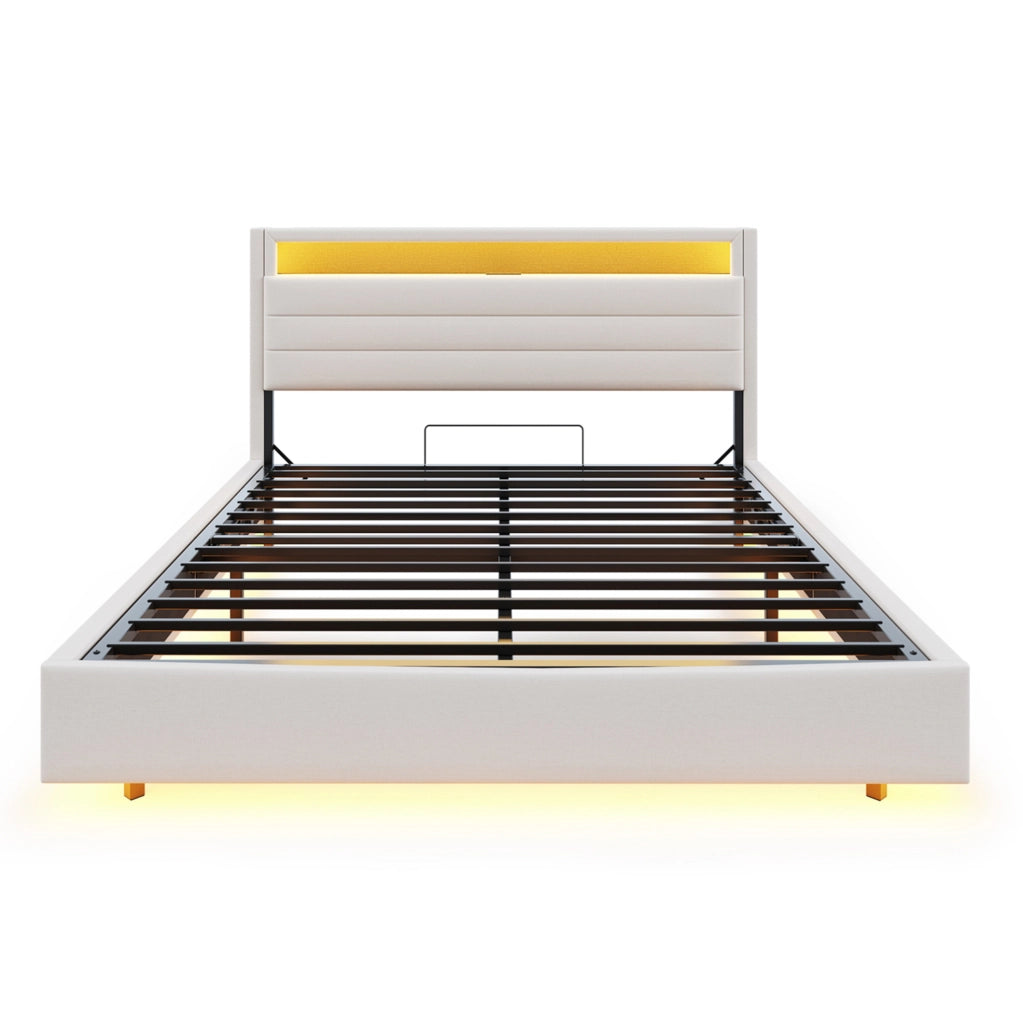 Letto matrimoniale imbottito 160x200 cm con USB; LED e contenitore idraulico; beige
