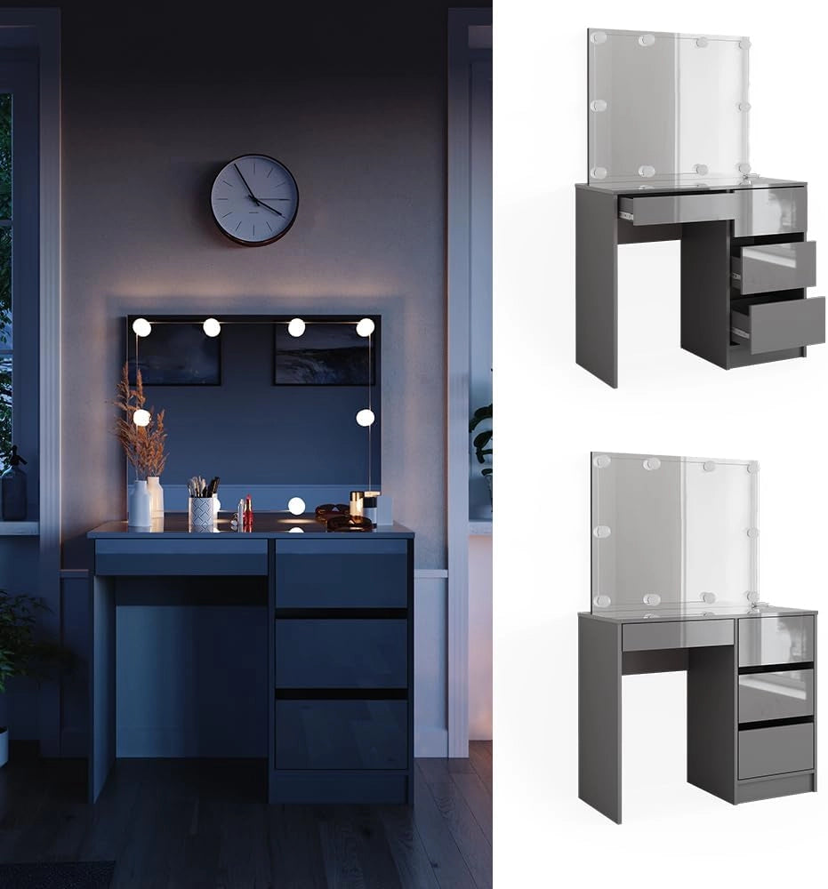 Vicco Tavolo da toeletta Sherry, Grigio, 90 cm con illuminazione a LED e sgabello, sgabello regolabile in altezza con funzione girevole a 360° per adattamento della seduta