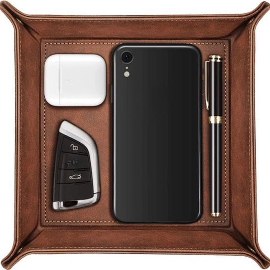 Organizzatore, cassetta per archiviazione, contenitore in pelle per oggetti personali Portafoglio per orologi Telefono cellulare Gioielli Chiavi Monete Portafoglio e attrezzature ufficiali, (marrone)