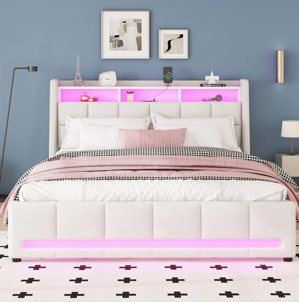 Letto contenitore 140x200 cm con LED; USB e 2 cassetti; lino e MDF beige