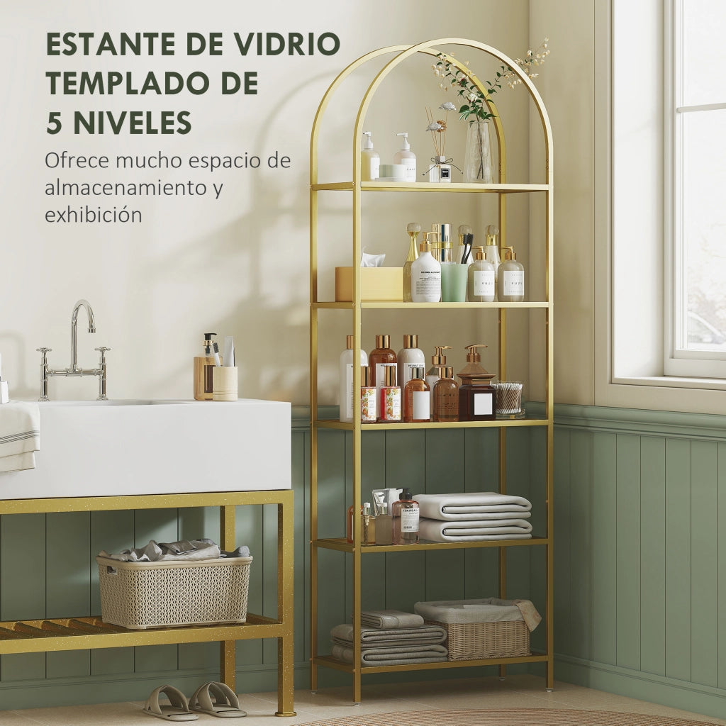 Libreria 5 Livelli in Vetro ¨C Zephmum ¨C 60x30x175 cm Dorato