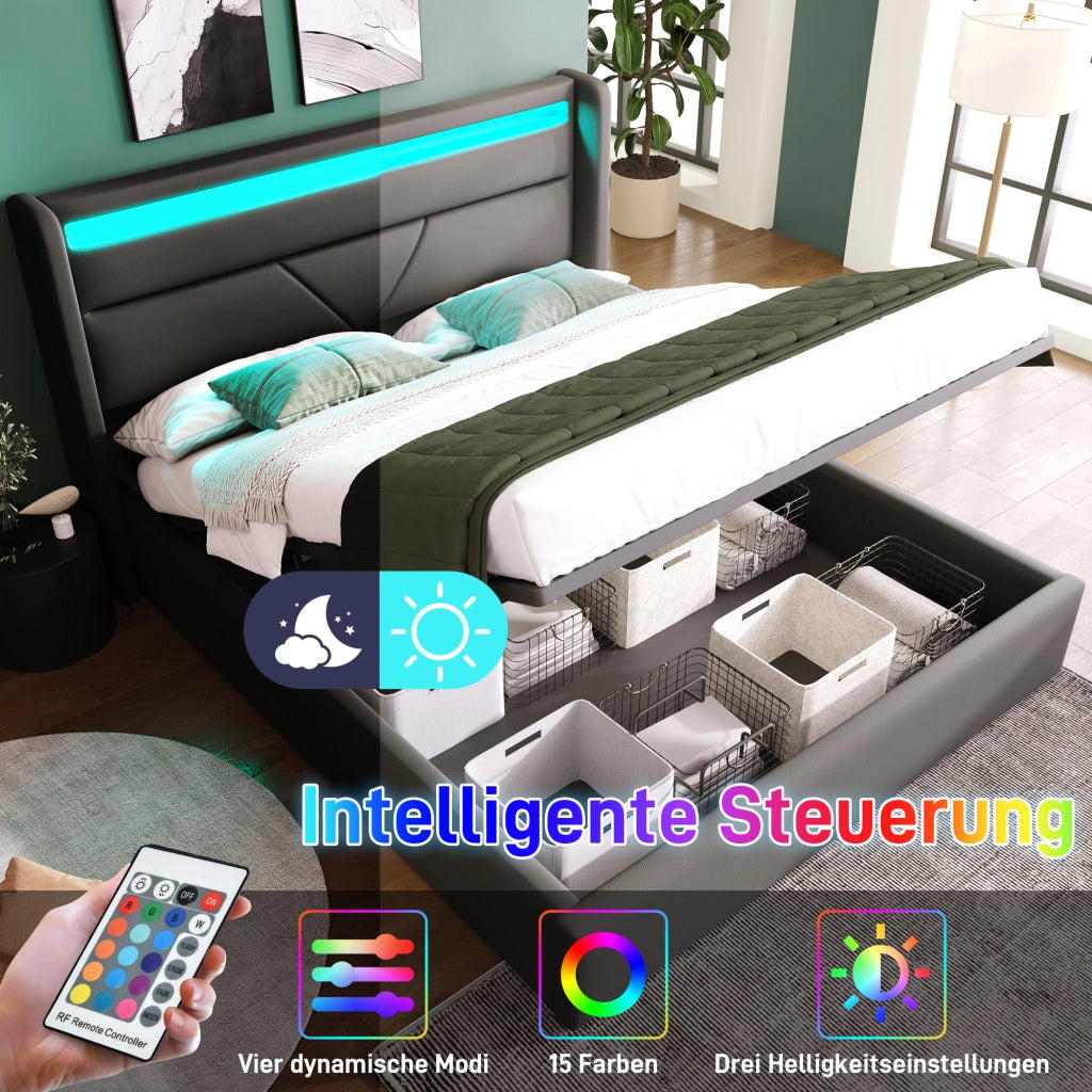 Letto imbottito 160x200 con vano contenitore idraulico illuminazione a LED e rivestimento in similpelle di colore grigio