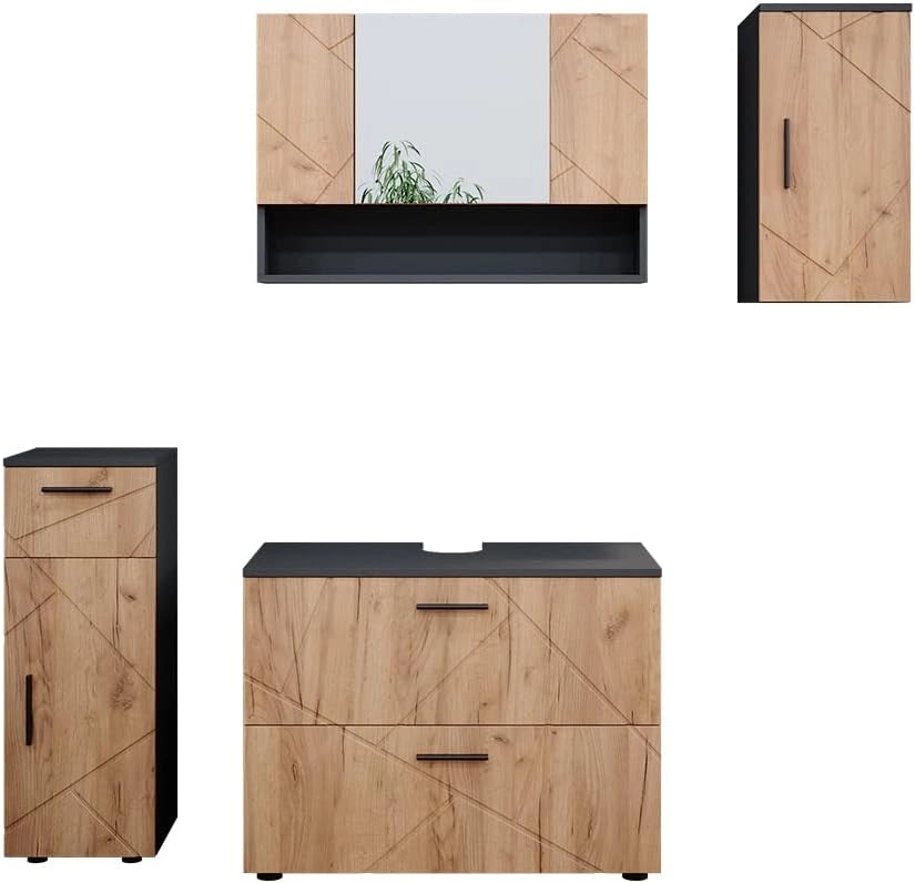 Set mobili bagno Irma, Antracite lucido, 80 cm, composto da specchio da bagno e mobile sottolavabo