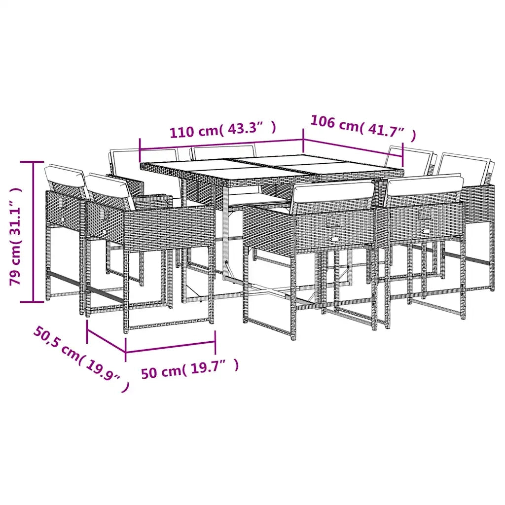 Set Pranzo da Giardino 9 pz con Cuscini Beige Misto Polyrattan