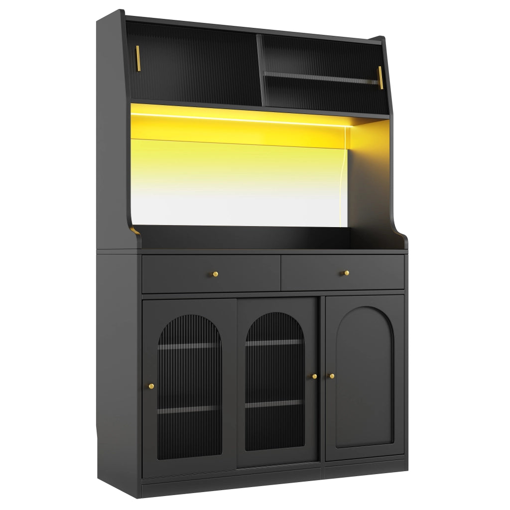 Credenza con Vetrina e LED ¨C MINIMAL ¨C Nero, 2 Cassetti, Ripiani Regolabili