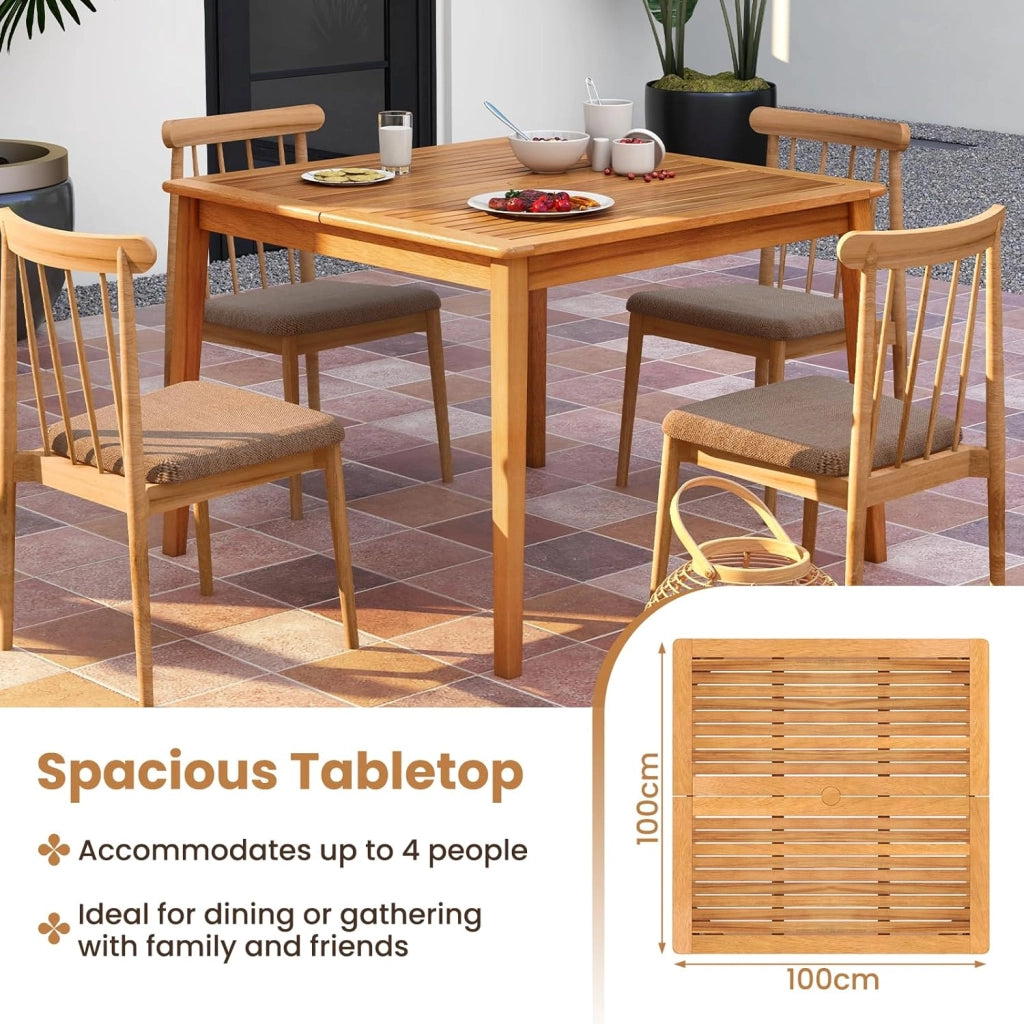 Tavolo da Giardino con Foro per Ombrellone da 5 cm, Tavolo da Pranzo in Legno di Acacia, Tavolo Rettangolare per 4 Persone, per Esterno, Balcone, Cortile, Veranda (Modello I)