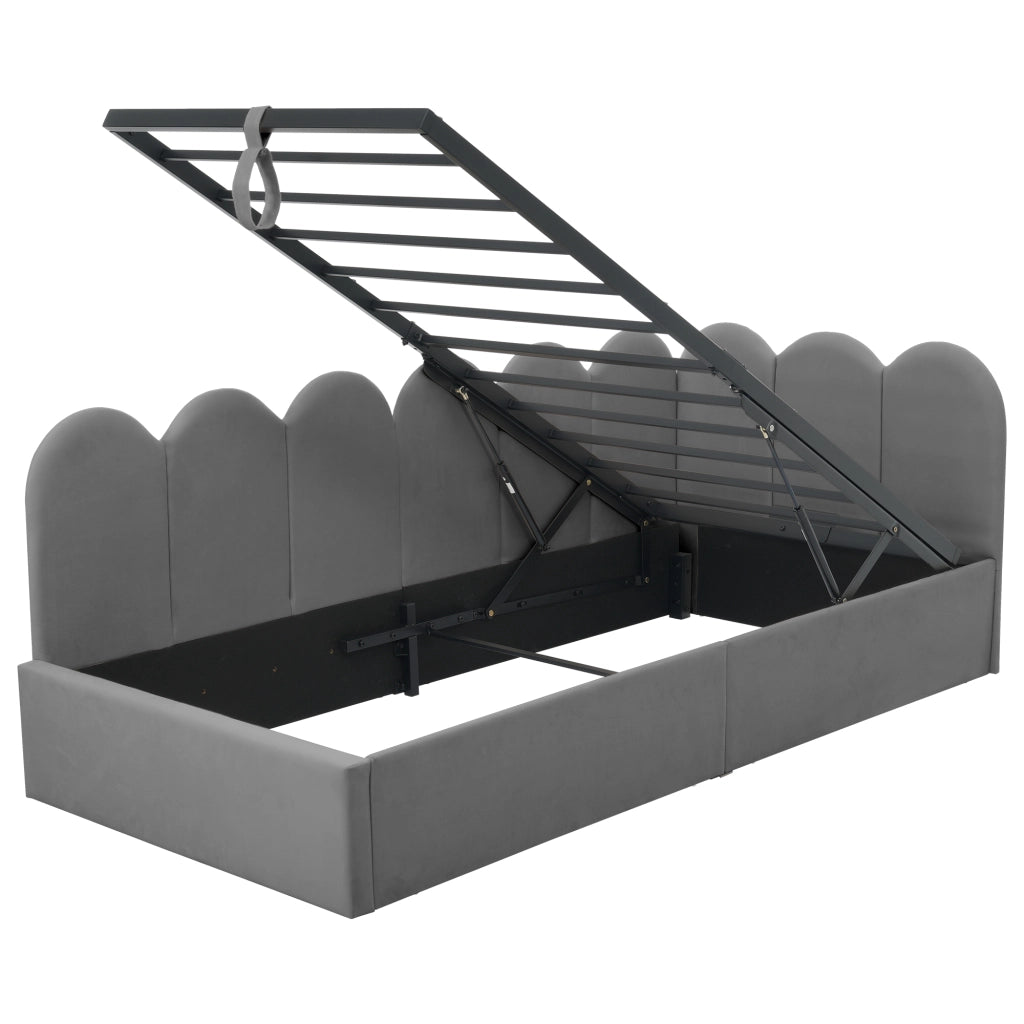 Letto giorno 90x190 cm in velluto grigio con spazio contenitore, rete a doghe metalliche e design a grata