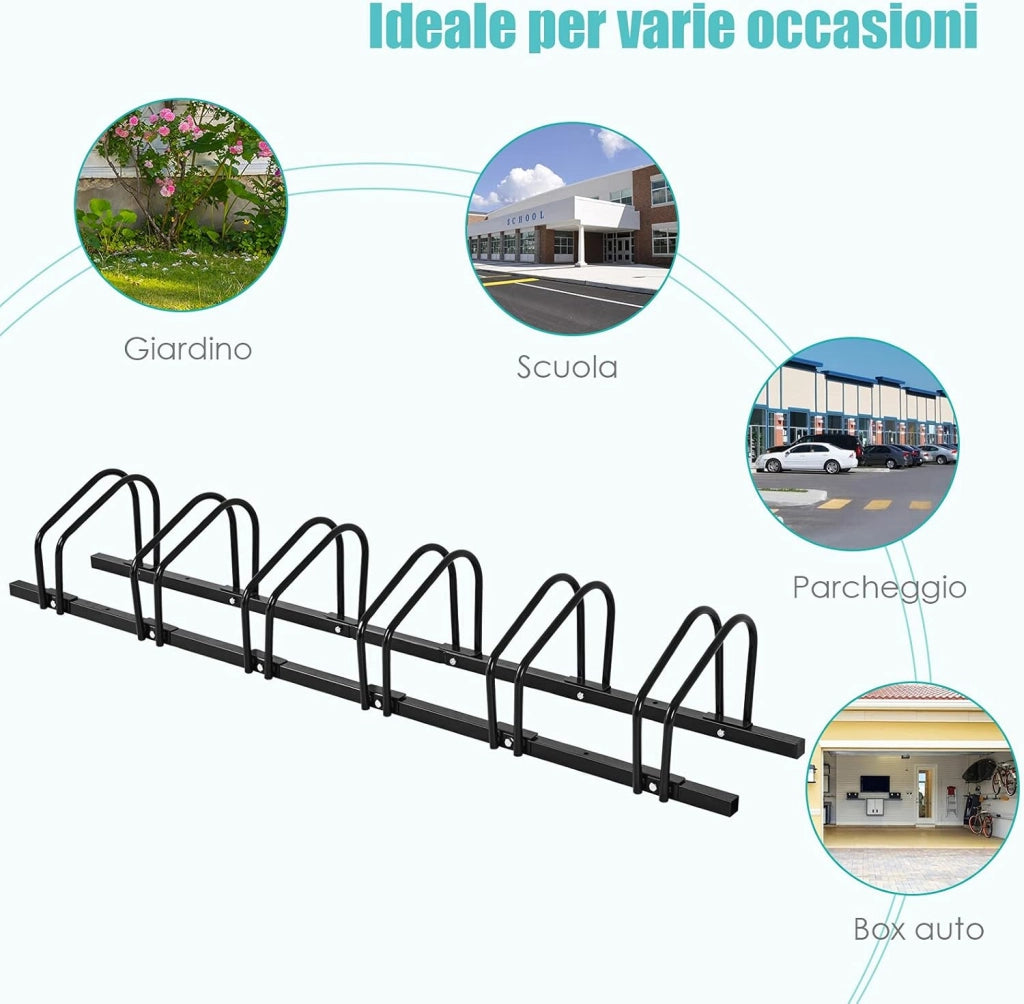 Rastrelliera per Biciclette, Portabiciclette Parcheggio Organizzatore per 4/5/6 Bici, Parcheggio per Biciclette, Telaio d'Acciaio (Nero, 6 Bici)