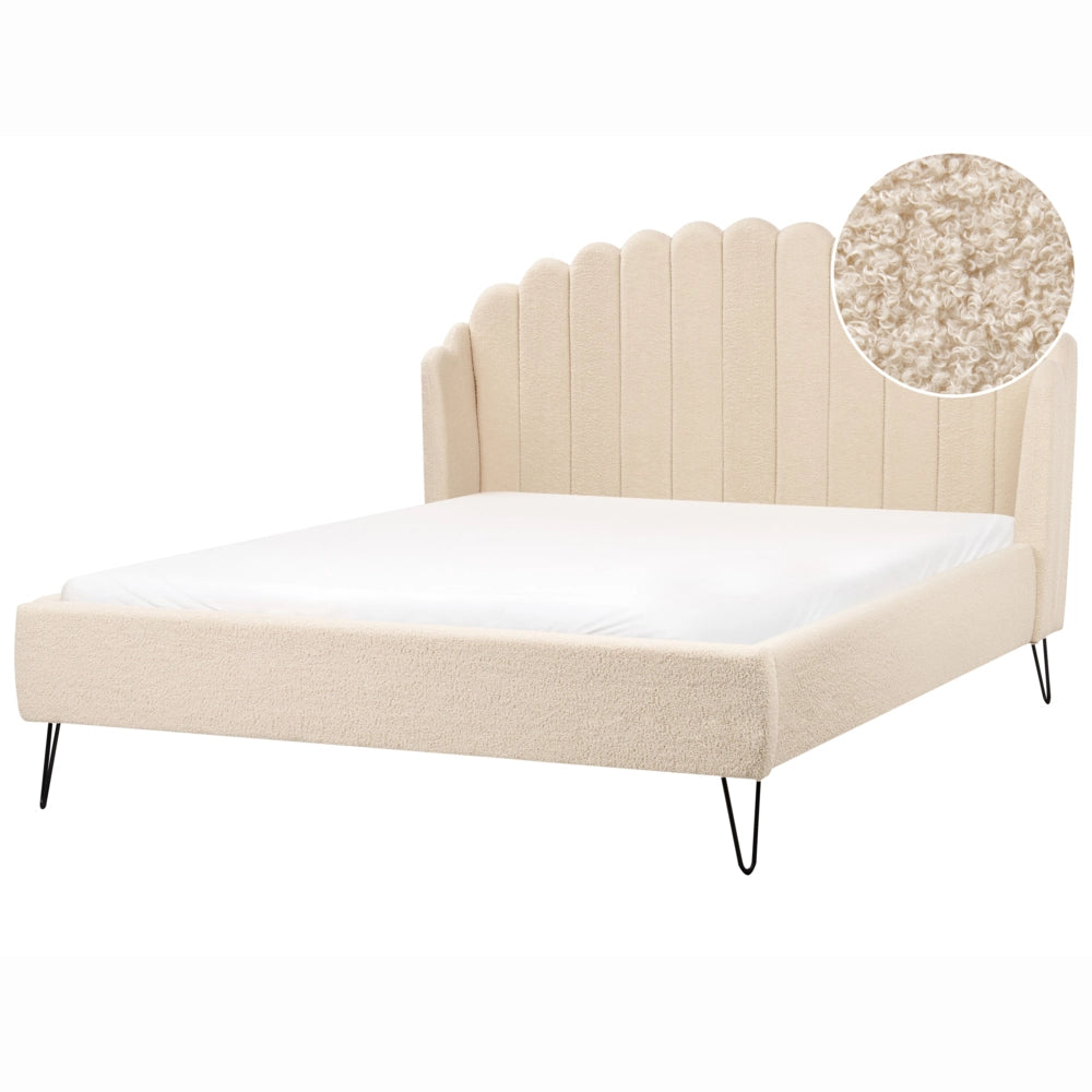 Letto matrimoniale con rete in tessuto bouclè beige 160 x 200 cm gambe in metallo testata retro capitonné