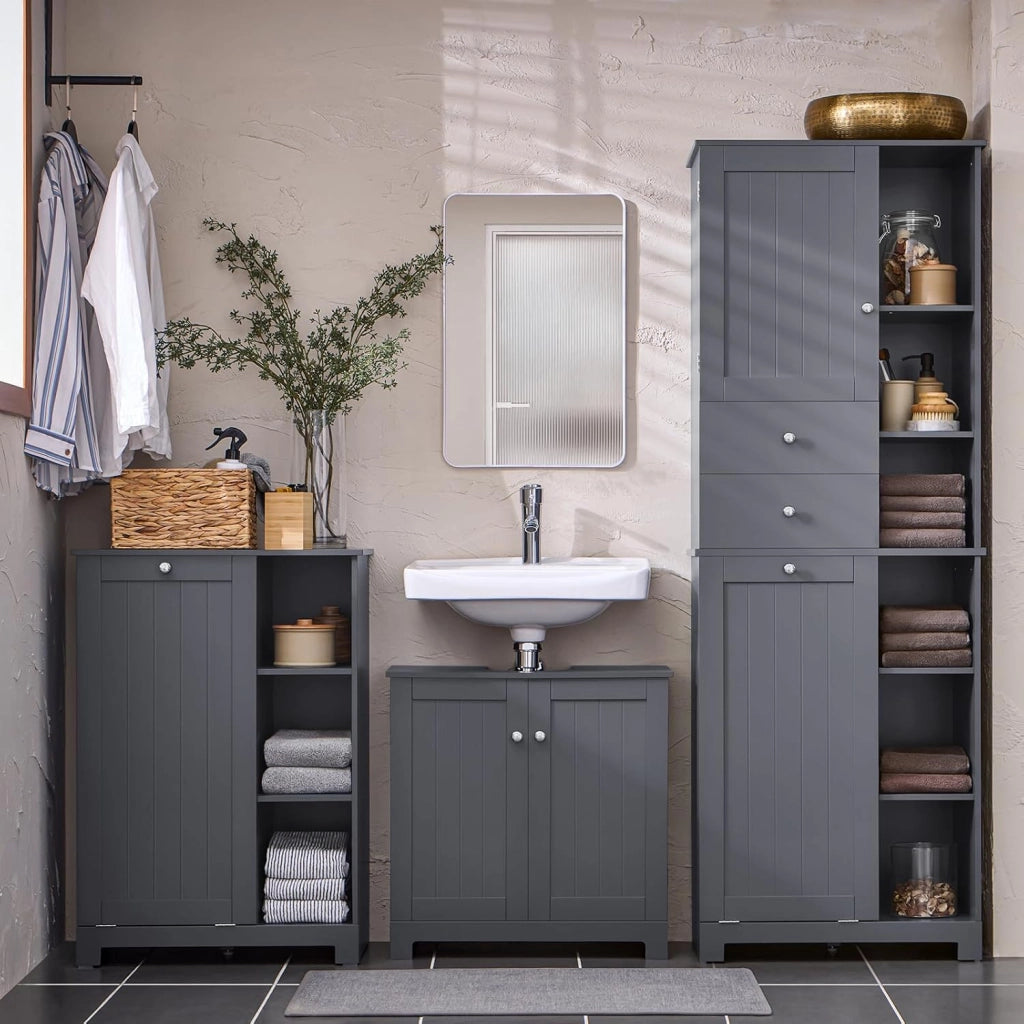 Mobile Bagno con Cesto per Linge Mobile Rangemento Alto Armadio Bagno con 6 Ripiani e 2 Cassetti Mobiletto Salvaspazio Grigio 60x37x171 cm BZR104-DG