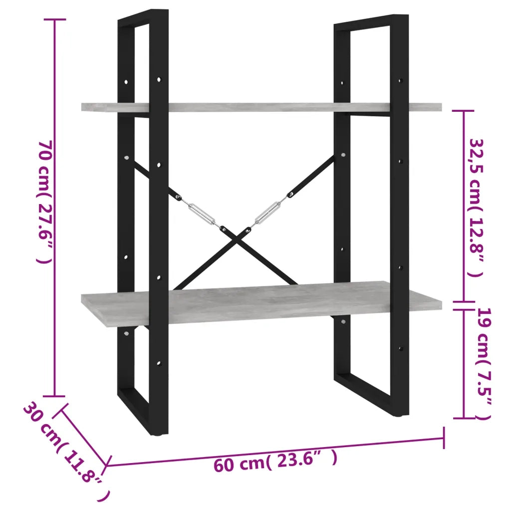 Libreria 2 Ripiani-Scaffale per Libri-Mobile di Stoccaggio Grigio Cemento 60x30x70 cm Legno Multistrato
